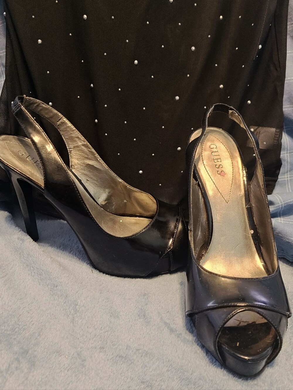 GUESS Black Patent Peep-Toe Slingback Platform 5 inch Heels